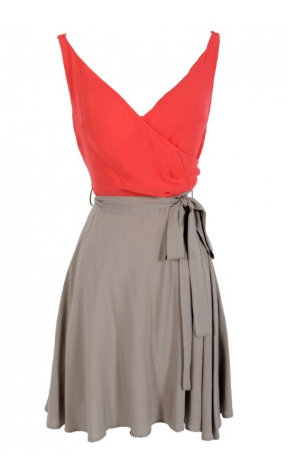 Coral and Taupe Colorblock Chiffon Crossover Belted Dress